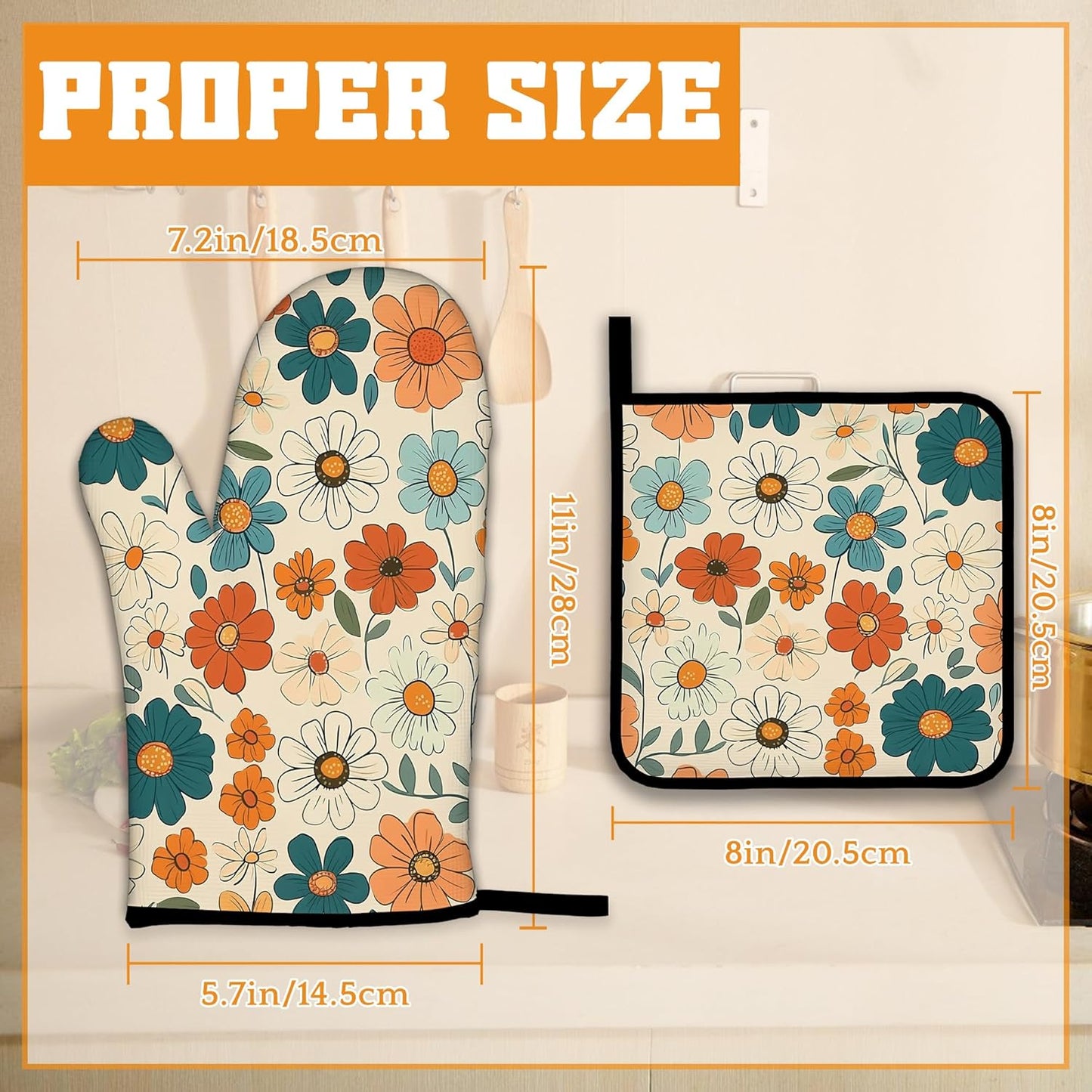 Vintage Floral Oven Mitts and Pot Holders,Groovy Flower Heat Resistant Oven Mitts Gloves and Pot Holder for Home Kitchen Decorations Cooking Baking BBQ Gifts,Set of 4