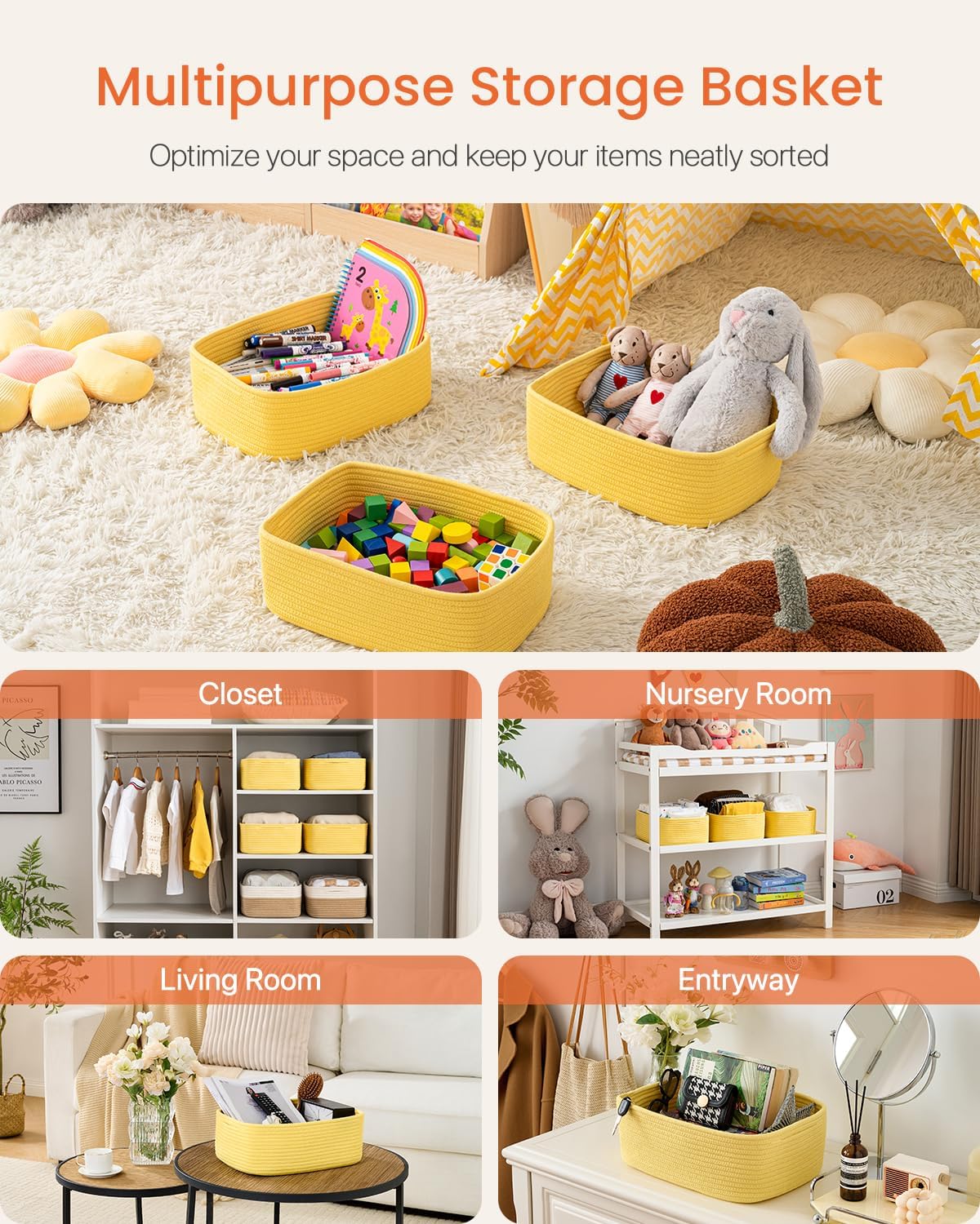 Small Woven Basket, 13.5 x 9.5 x 5 Inches, Storage Basket for Organizing, Cute Small Rope Shelf Closet Cube Storage Bins Baskets for Shelves, Dog Toy Gift Baskets Empty, 3 Pack Yellow