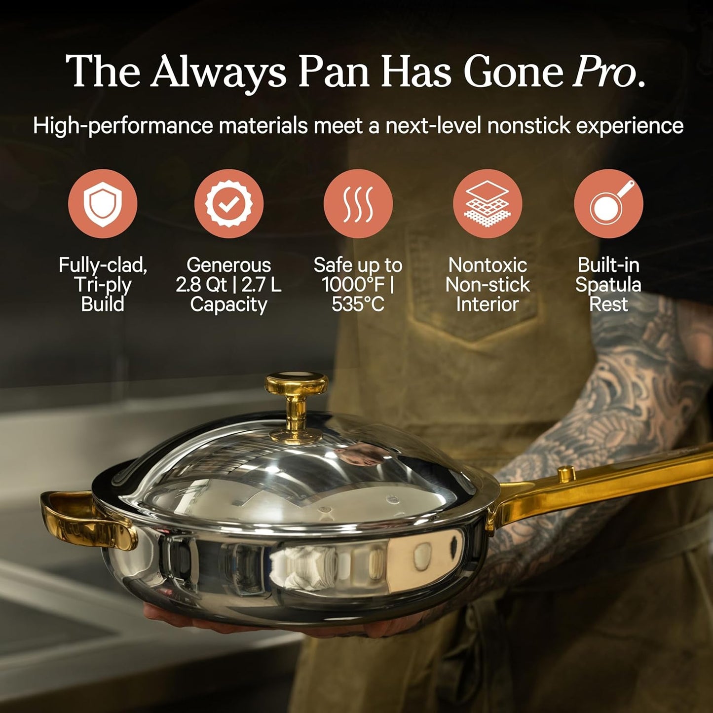 Our Place Titanium Always Pan Pro - 10.6” (2.8 Qt) No-Coating Nonstick Skillet | Tri-Ply Titanium & Stainless Steel | Safe for Oven, Induction & All Cooktops up to 750°F | Includes Spatula | Gold
