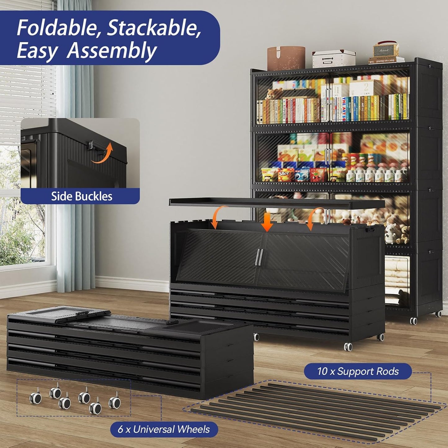 240GAL Extra Large Stackable Storage Bins with Lid, 960QT Plastic Storage Bins with 6x Wheels, Collapsible Closet Organizer and Storage Drawer Cabinet for Living Room Office Dorm, 3Pack Black