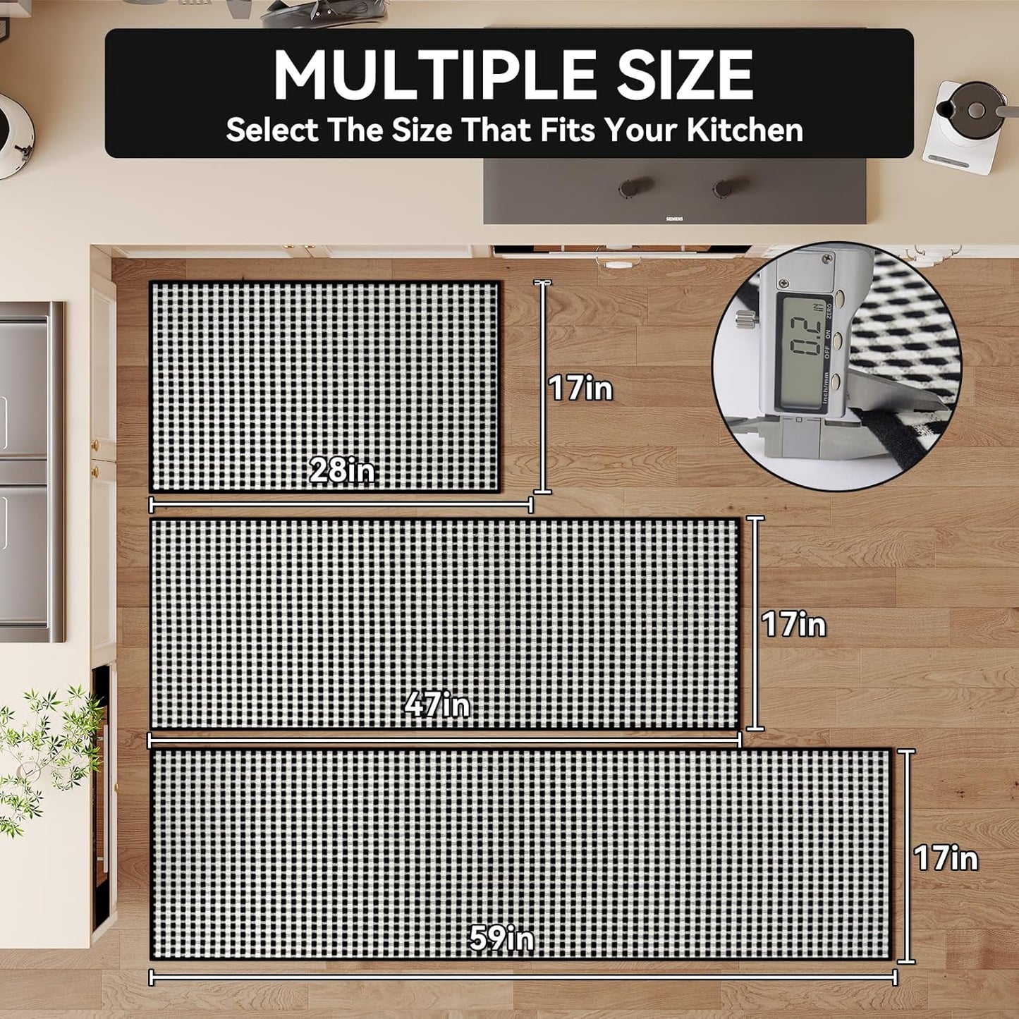 Kitchen Mat Kitchen Rugs Sets of 2 PCS Non Slip Washable, Super Absorbent Soft Braided Kitchen Mats for Floor, Rubber Backing Comfort Standing Kitchen Sink Mat Runner Rug, Black 17"x28"+17"x59"