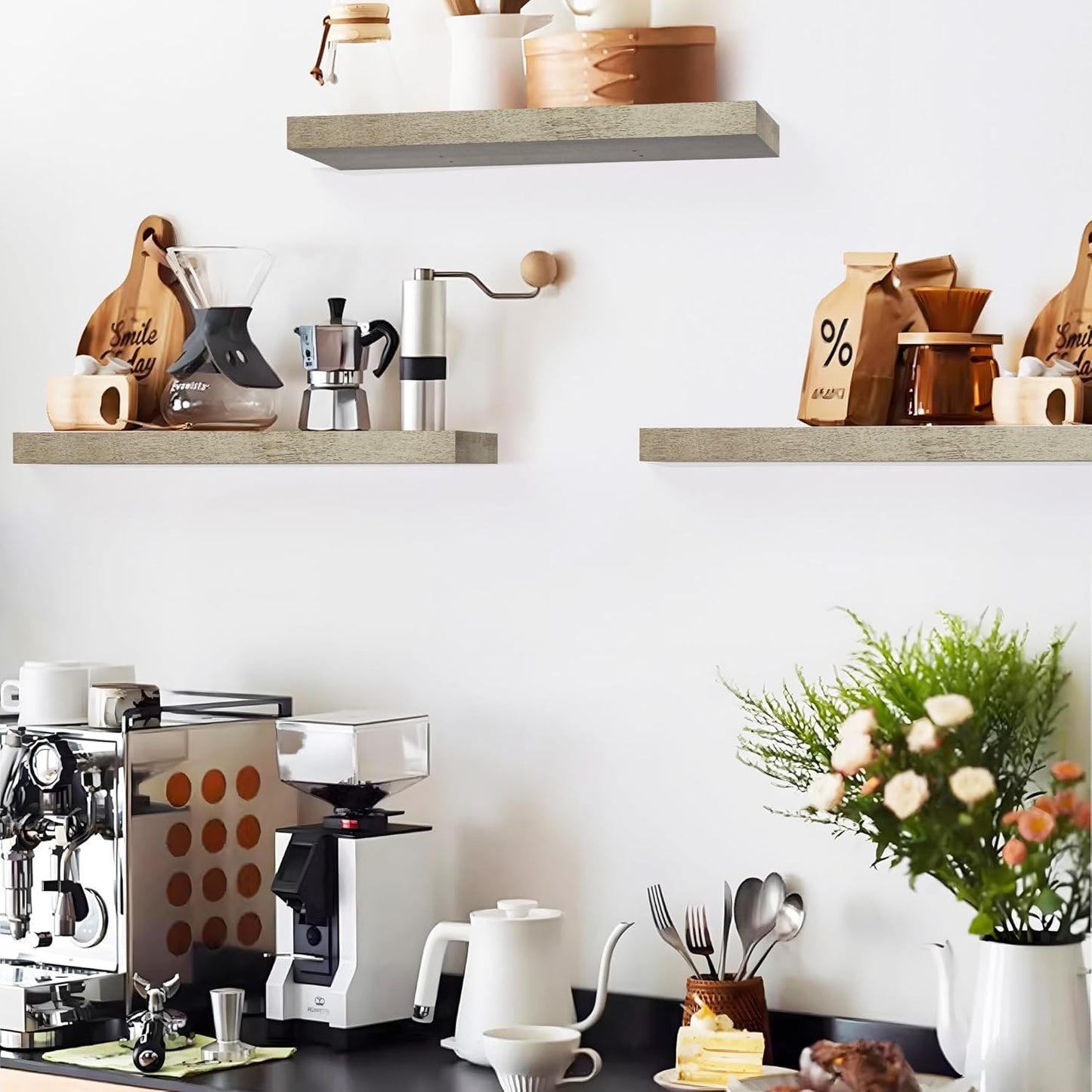 Colima Floating Shelves for Grey Wood Wall Shelf for Bedroom, 24 Inch Wall Mounted Floating Shelves for Bathroom Living Room Kitchen Office, 1.5" Thick Floating Book Shelves for Wall, Set of 3