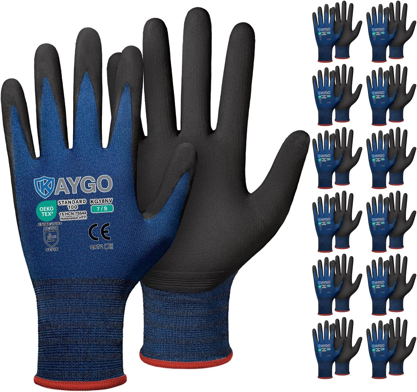 KAYGO Safety Work Gloves MicroFoam Nitrile Coated-12 Pairs, KG18NB,Seamless Knit Nylon Glove with Black Micro-Foam Nitrile Grip,Ideal for General Purpose,Automotive,Home Improvement, Dark Blue, S