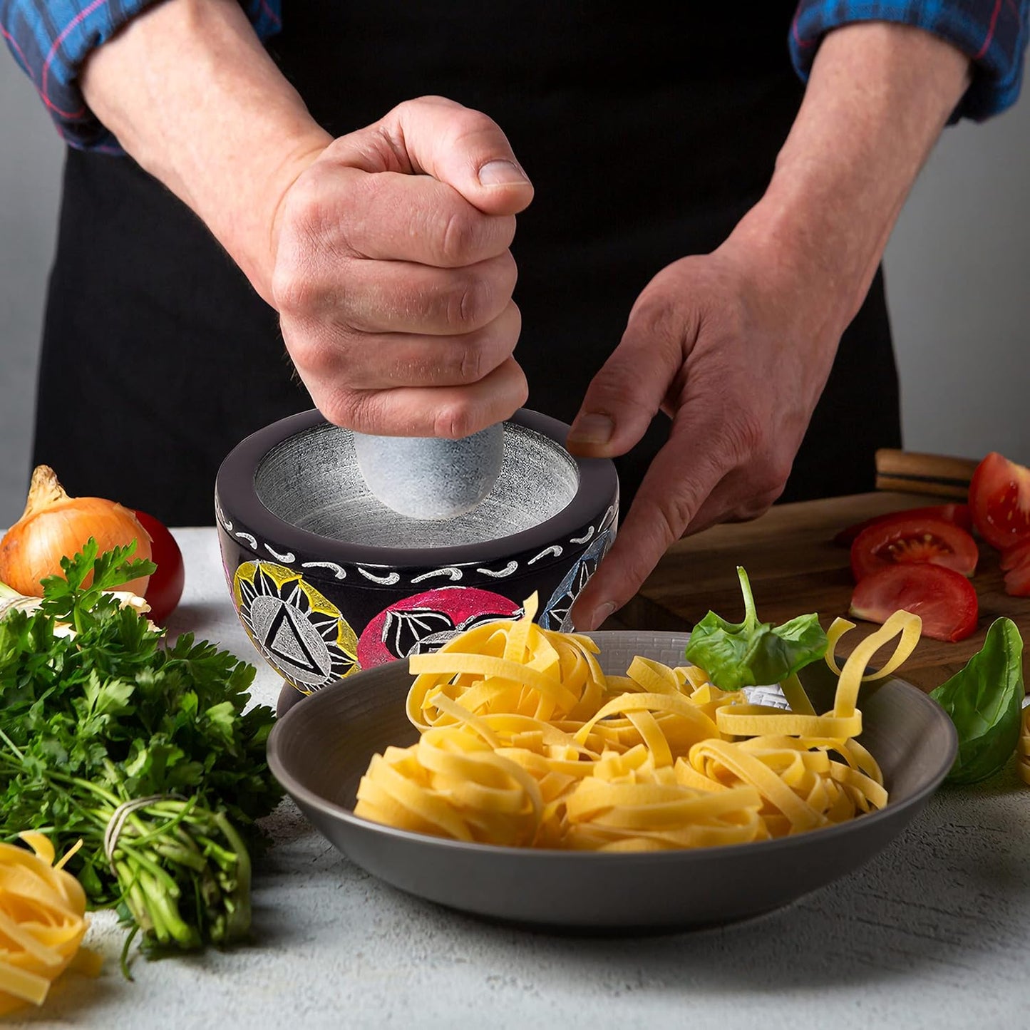 Mortar and Pestle, Made of Heavy Duty Polished Hard Stone, Natural Stone Grinder for Spices, Pastes, Herbs, Seasoning etc. (Black with Mix Color)