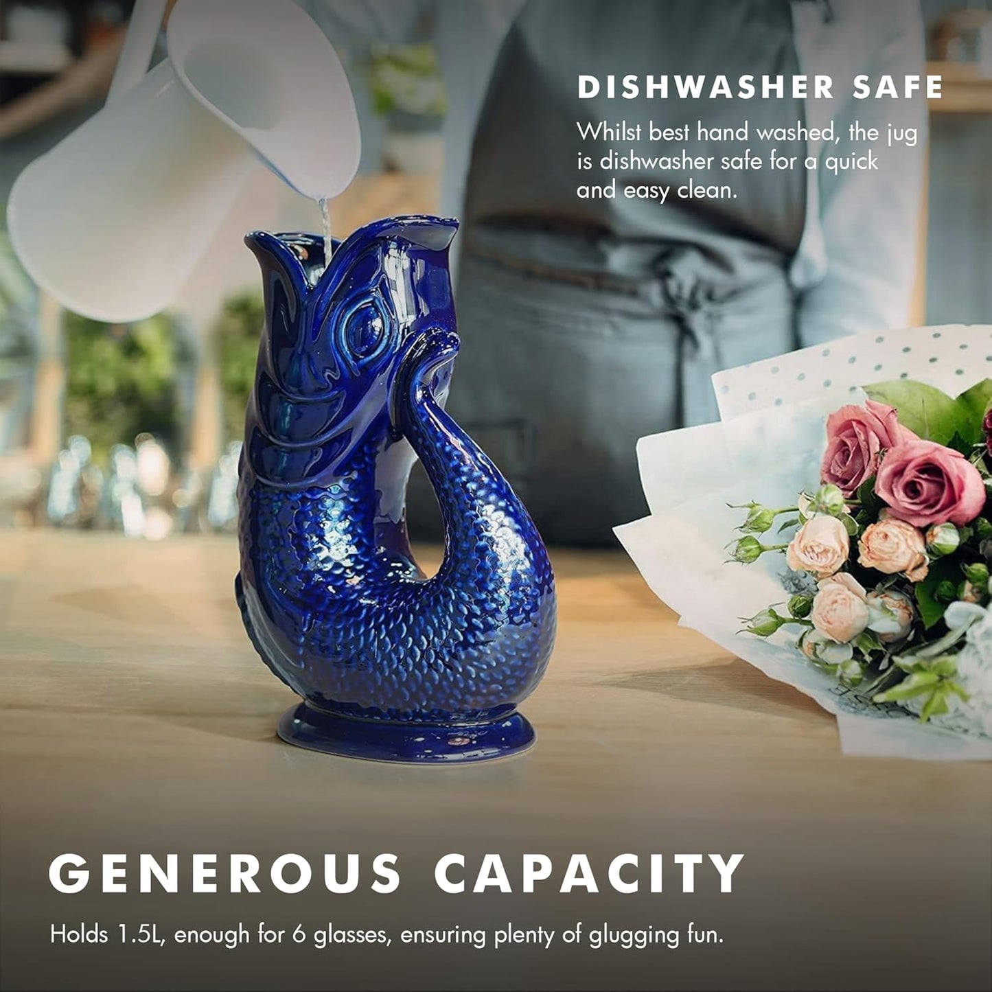 Gurgle Glug Jug The Bubble Jug® Ocean Green 50 fl oz 1.5L Litre Extra Large Pitcher - Fish Shaped Jug - Decorative Ceramic Glugging Cocktail, Water and Gin Vase and Gurgling Carafe Pot