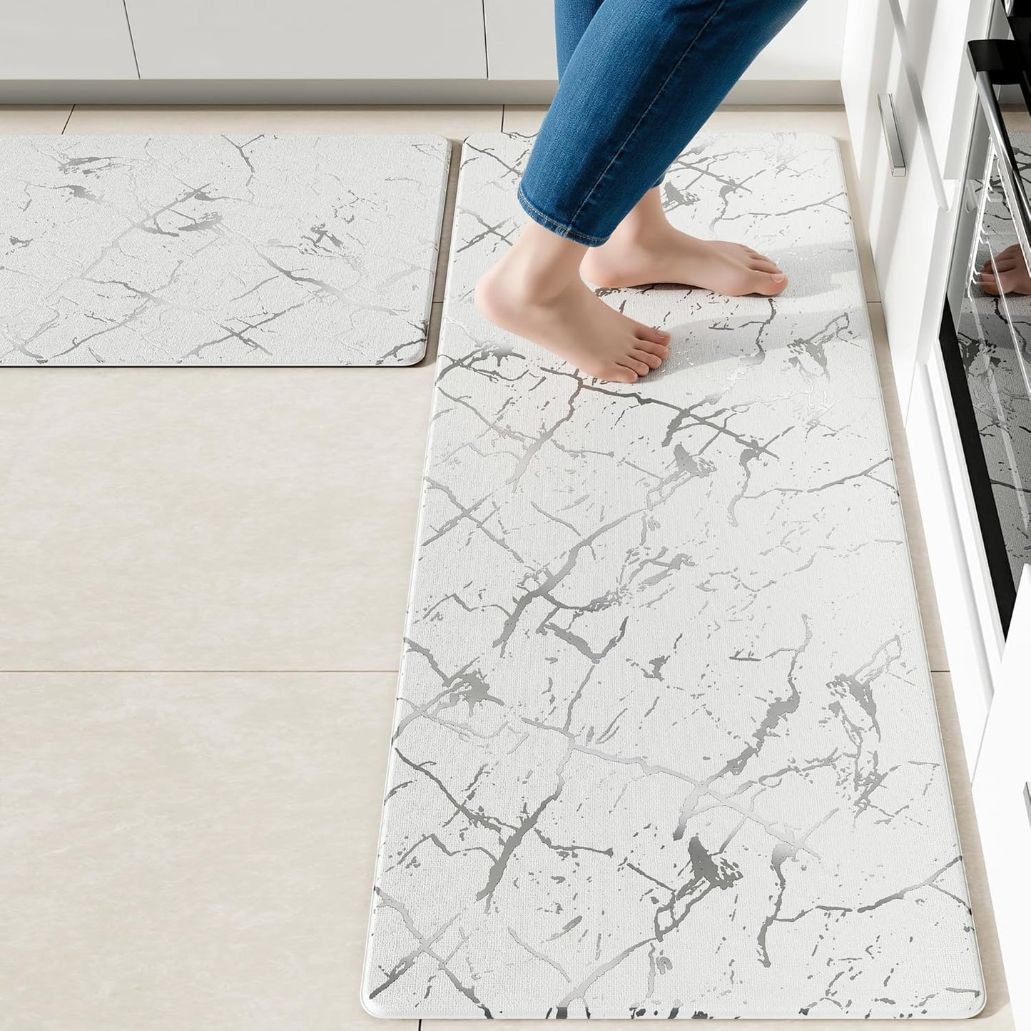Silver Foil Stamped Marble Kitchen Mats for Floor 2PCS Cushioned Anti Fatigue Non Slip Waterproof Comfort Leather Kitchen Rugs 2/5 Inch PVC Kitchen Mats for Sink, Laundry, 17.3"x28"+17.3"x47",White