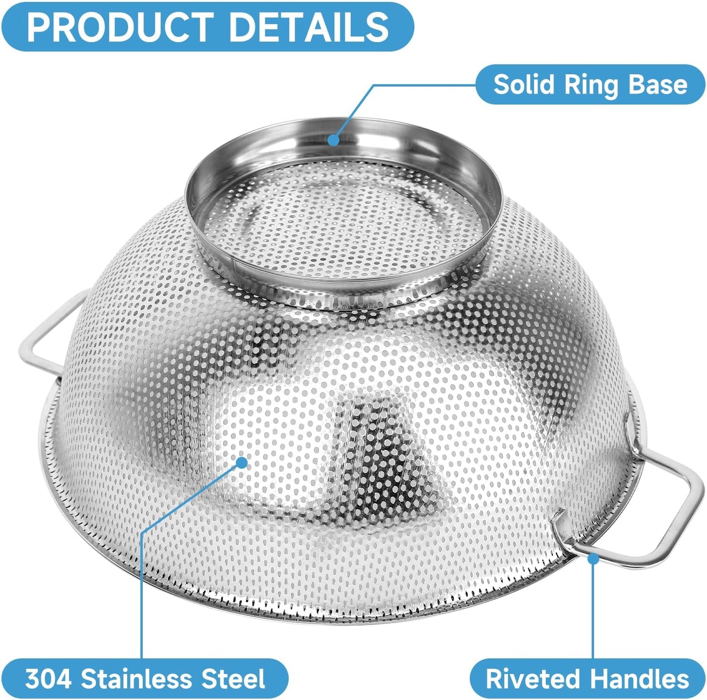 Colander for Kitchen, 3QT, Stainless Steel Colander Strainer with Handle for Fruits Vegetables Cooking Food, Dishwasher Safe
