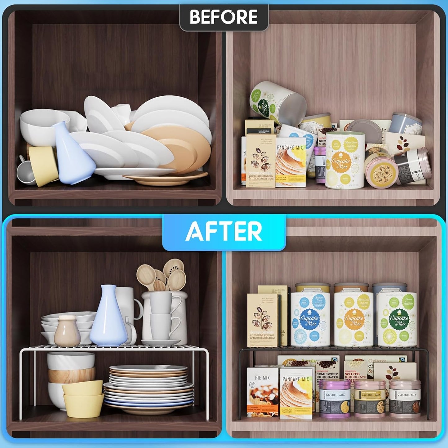 Large(15.7 x 9.4 inch)Black Cabinet Storage Shelf Rack Set of 6, Rustproof Metal Wire Kitchen Counter Organizers and Storage, Spice Organization for Cabinet, Plate, Dish, Pantry, Bathroom, Fridge