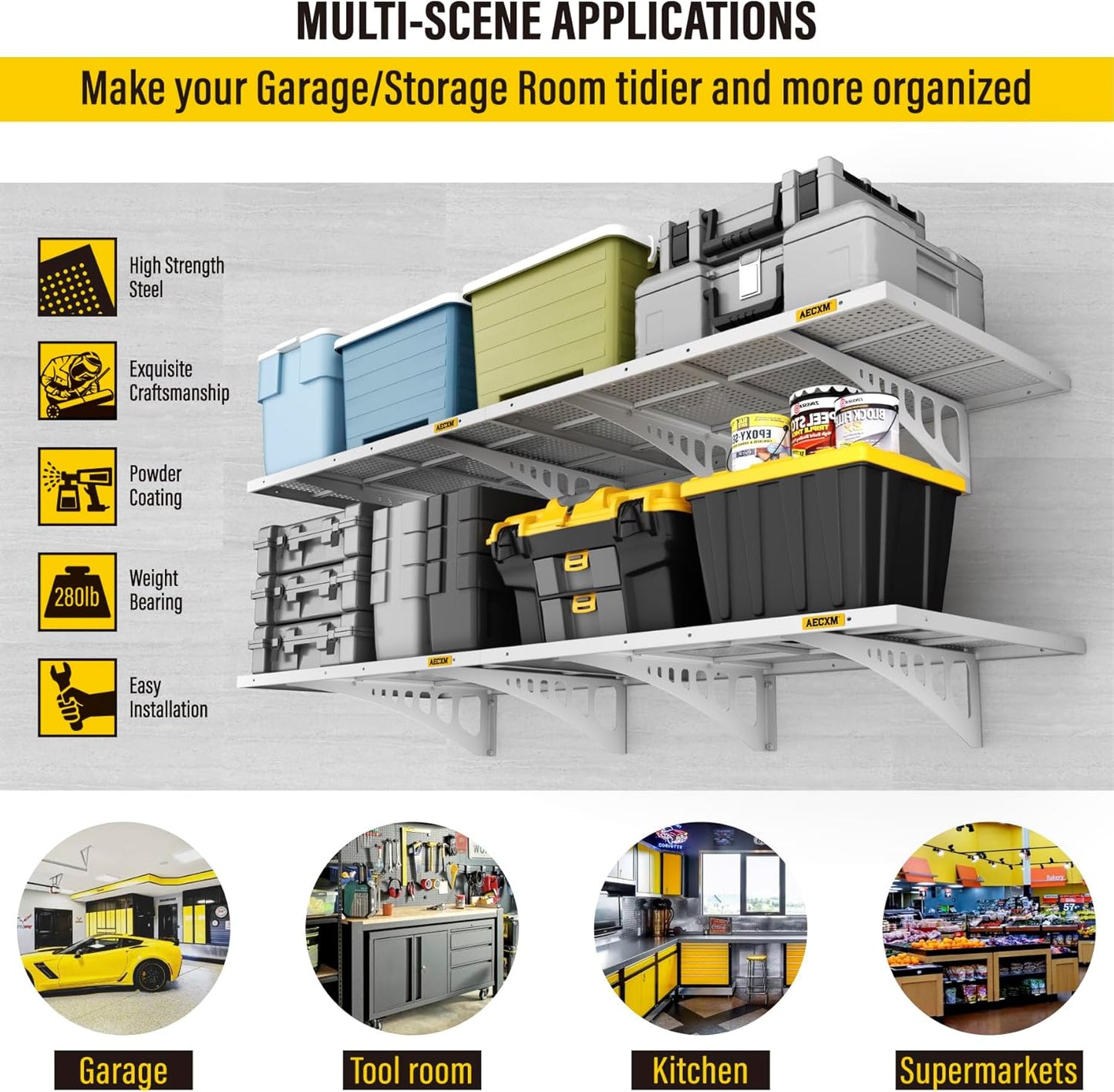 4-pack 2x3ft Adjustable Garage Wall Shelving 1120lbs Load Capacity Heavy Duty Wall Mounted Storage Shelf Metal Floating Shelves for Garage(White)