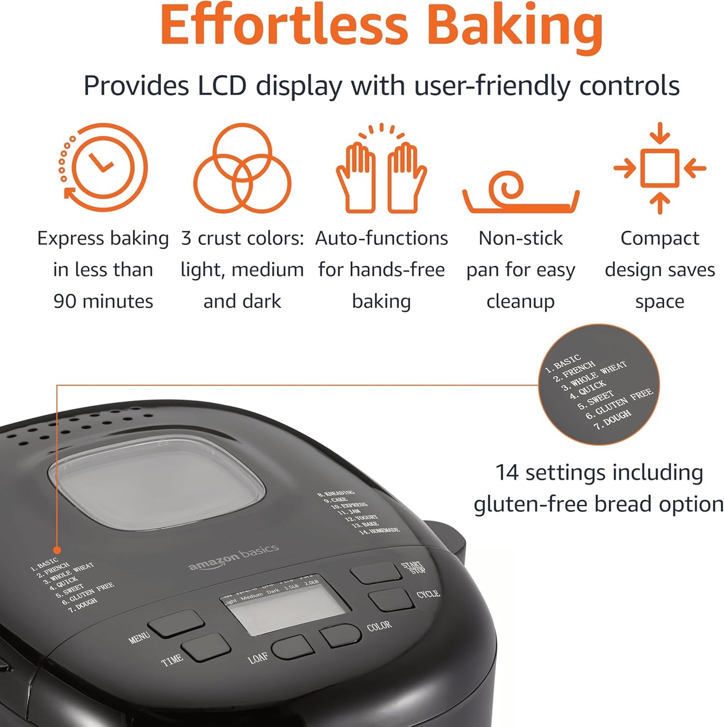 Amazon Basics Programmable Bread Maker, 2 Pound Non-Stick Automatic Bread Making Machine, 14 Settings for Breads, Doughs, Gluten-Free Options and More, LCD Display, Black