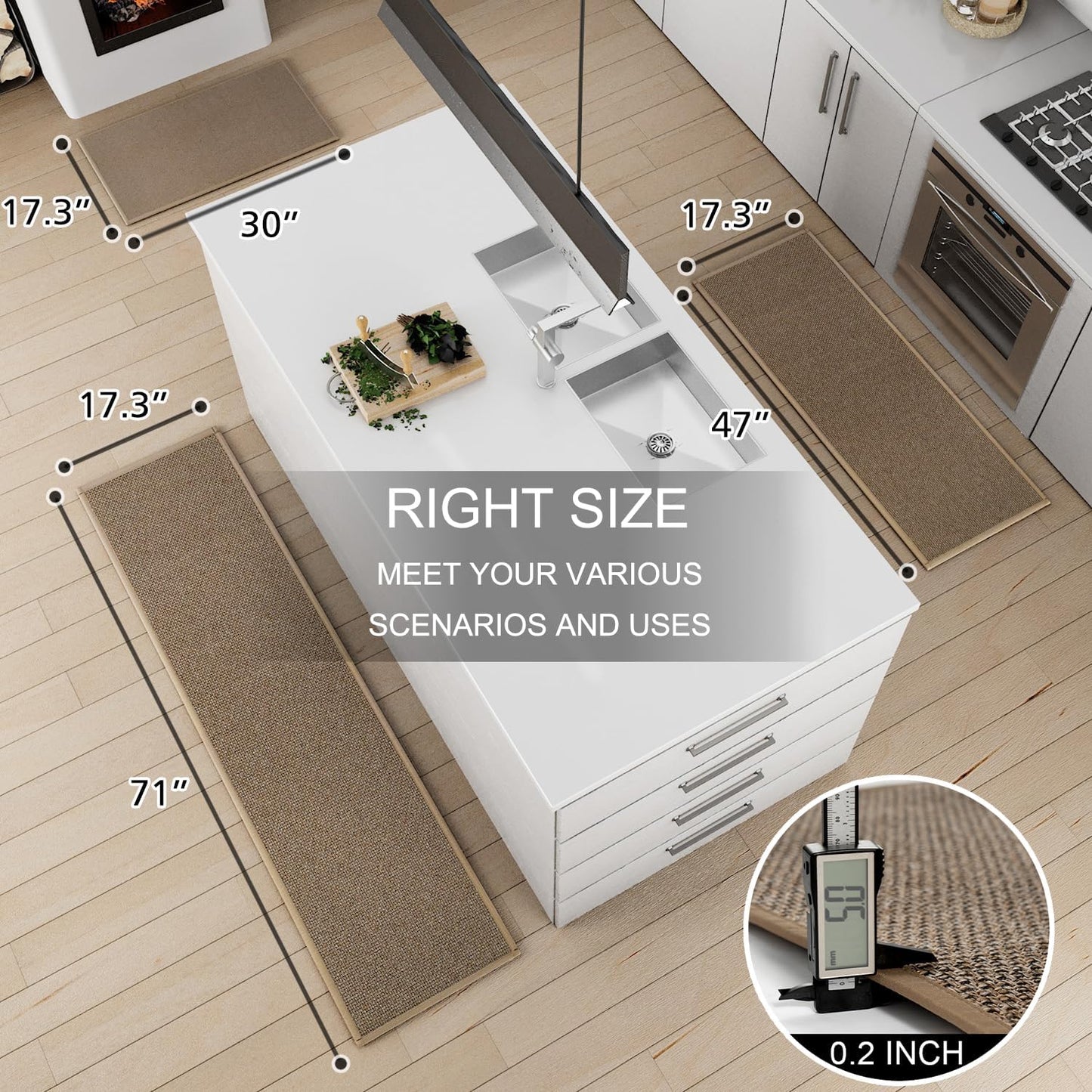 Kitchen Mat Set of 2 PCS, Cushioned Non Slip Rugs for Kitchen Floor, Absorbent Runner Comfort Standing Mats Washable for Kitchen, Office, Home,(Brown, 17.3"x47"+17.3"x71")