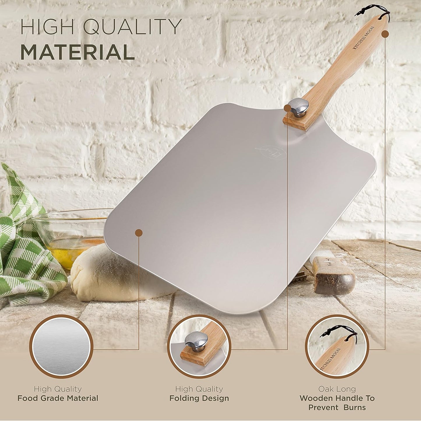 Large Pizza Peel 16 inch - Extra Large Metal Pizza Peel with 14 inch Stainless Steel Pizza Cutter Rocker, Pizza Paddle with Folding Handle (13"x16" with 14" Cutter)