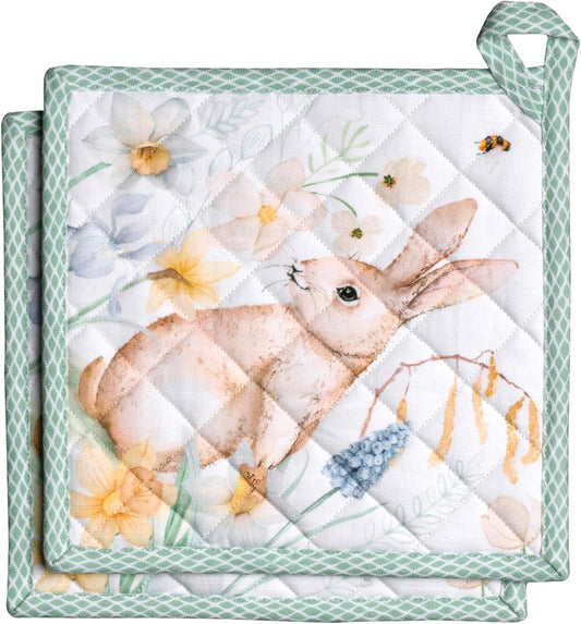 Maison d' Hermine Pot Holders Set 100% Cotton Heat Resistant Potholders 8" x 8" Hot Pads with Loop BBQ, Cooking, Baking, Grilling, Kitchen, Handling Hot Pans Spring/Summer (Pack of 2, Easter Dew)