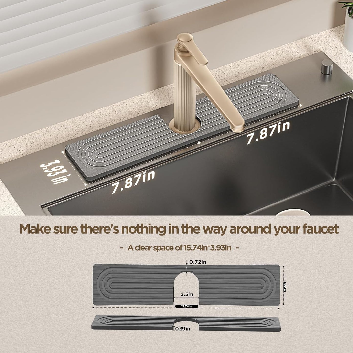 Faucet Mat for Kitchen Sink, Diatomite Stone Drying Sink Protectors, Bathroom Faucet Splash Guard, Quick Dry Water Absorbing, Non-Slip Stone Tray for Kitchen Counter, Grey, 15.7" x 3.9"