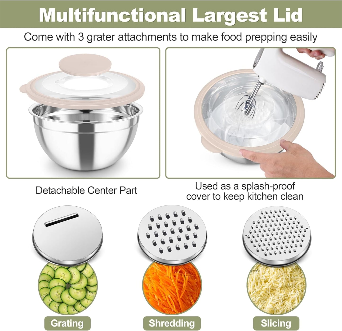 TeamFar Mixing Bowls, Stainless Steel Salad Serving Bowl with Clear Lids & 3 Graters, For Kitchen Cooking Prepping Storing, Size 4.6/2.6/1.5/1/0.7 QT, Nesting & Airtight, Set of 5 & Khaki