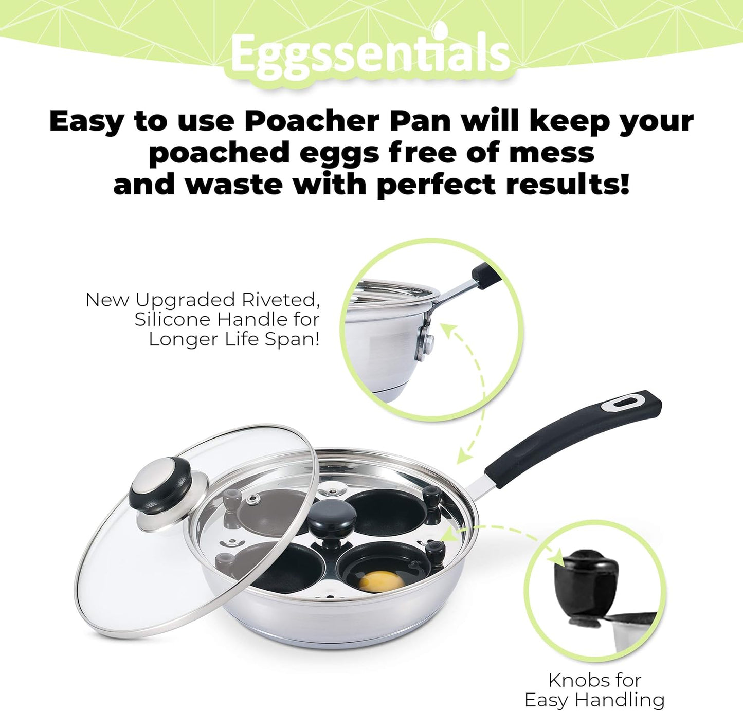 Egg Poacher - Eggssentials Poached Egg Maker, Stainless Steel Egg Poaching Pan, Poached Eggs Cooker Food Grade Safe PFOA Free with Spatula.