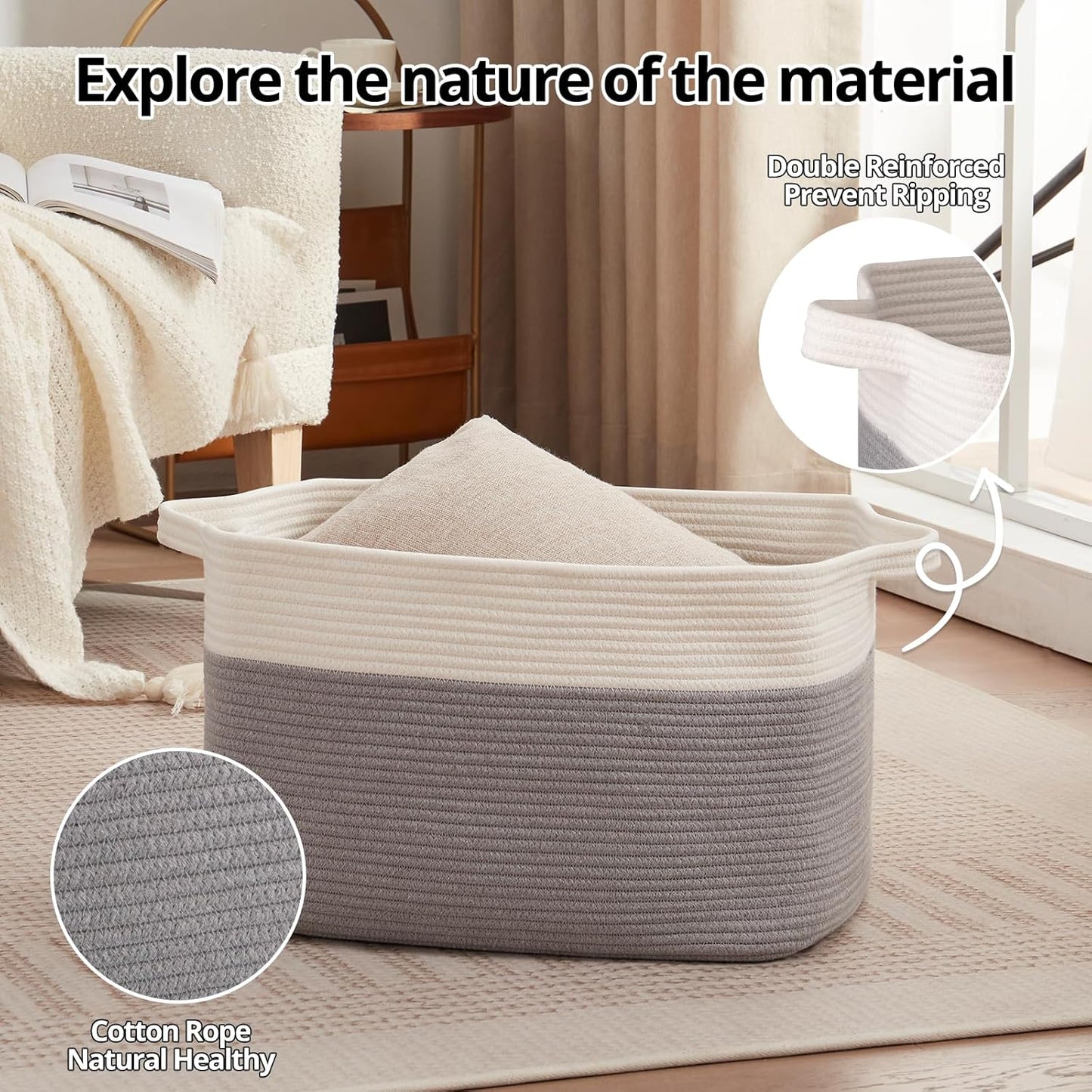 OIAHOMY 65L Blanket Basket, Cotton Rope Woven Blanket storage for Living Room, Rectangle Woven Baskets for Storage, 20''×16''×12'', Grey and White