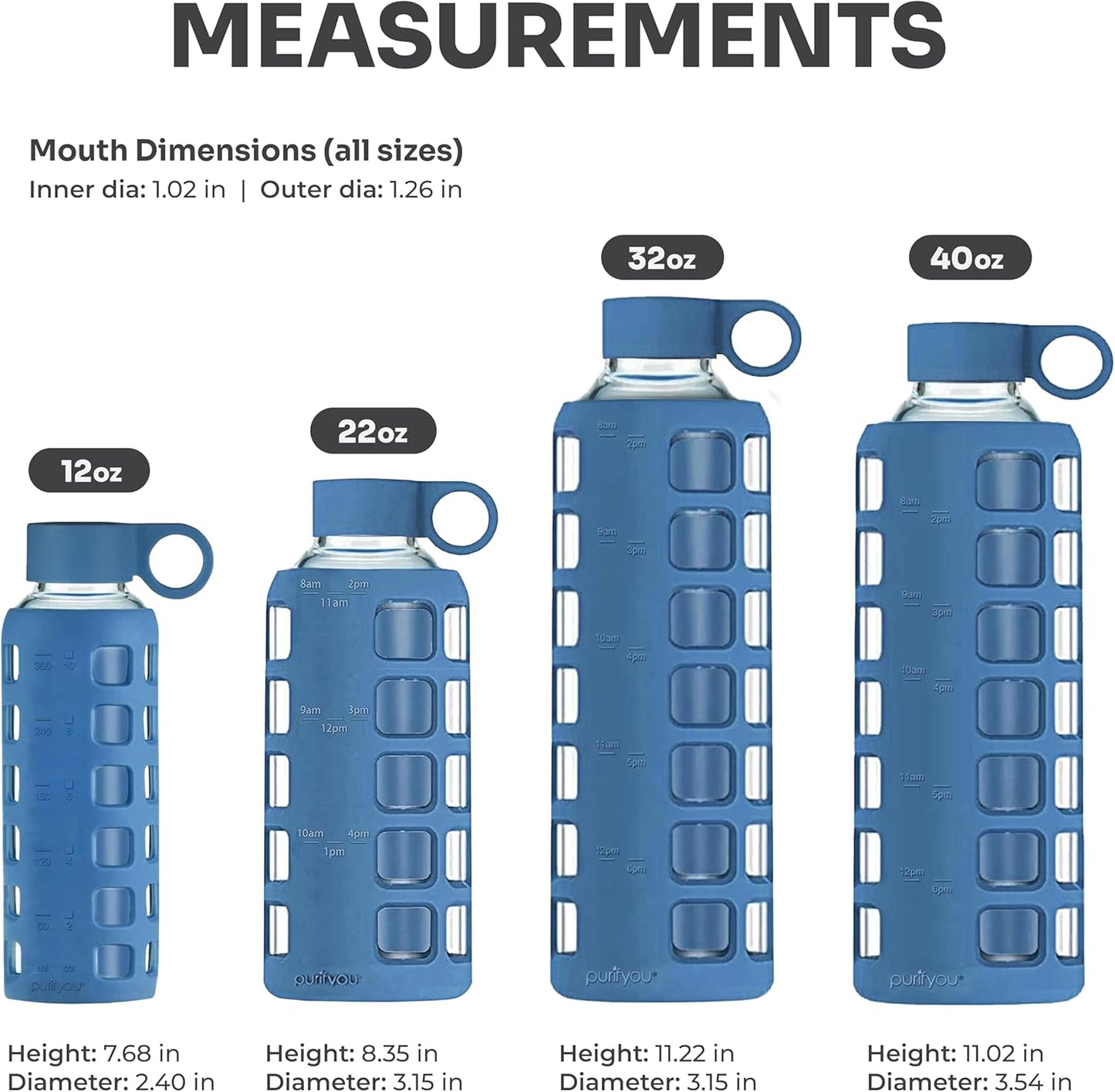 purifyou 40oz / 32oz / 22oz / 12oz Borosilicate Glass Water Bottle with Time & Volume Markers, Silicone Sleeve, Stainless Steel Lid – Reusable Glass Bottle for Water & Juice (40oz Chinese Porcelain)