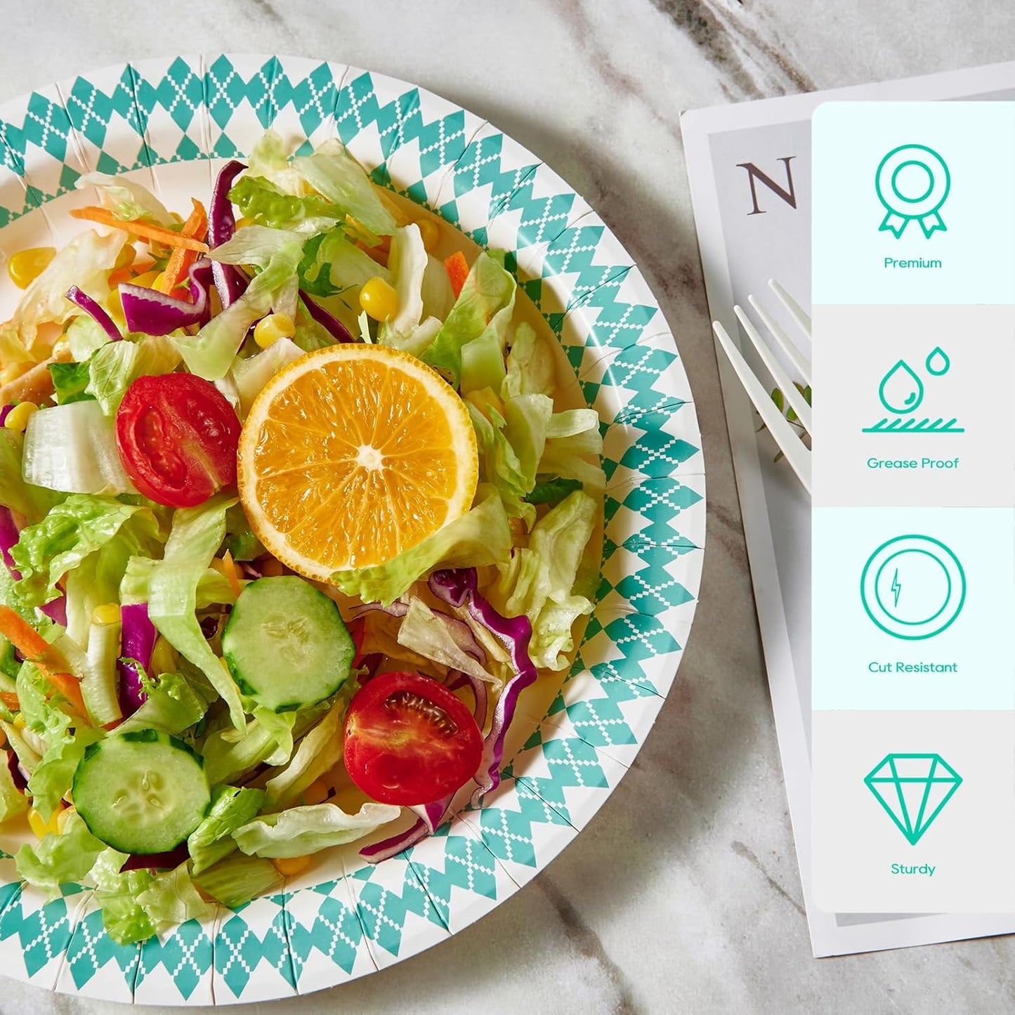 JOLLY PARTY 8.37 inch Disposable Paper Plates, 360 Count Dinner Plates, Soak Proof, Cut Proof for Everyday Use, Blue Diamond Pattern Rim Design