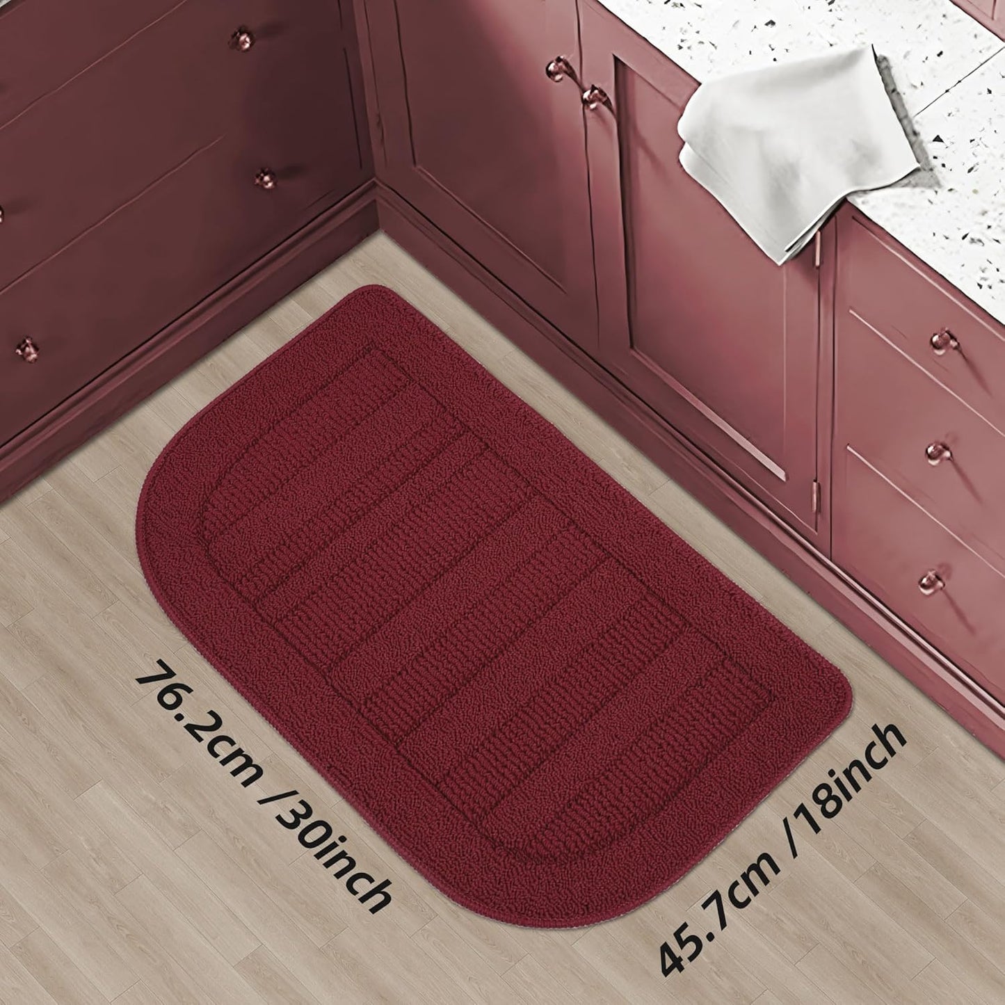 BEQHAUSE 30x18 Inch Kitchen Rug Mat Durable Kitchen Rugs Non-Slip Washable Absorbent Kitchen Mats for Floor Dirt-Resistant Semicircular Kitchen Mat (Red)