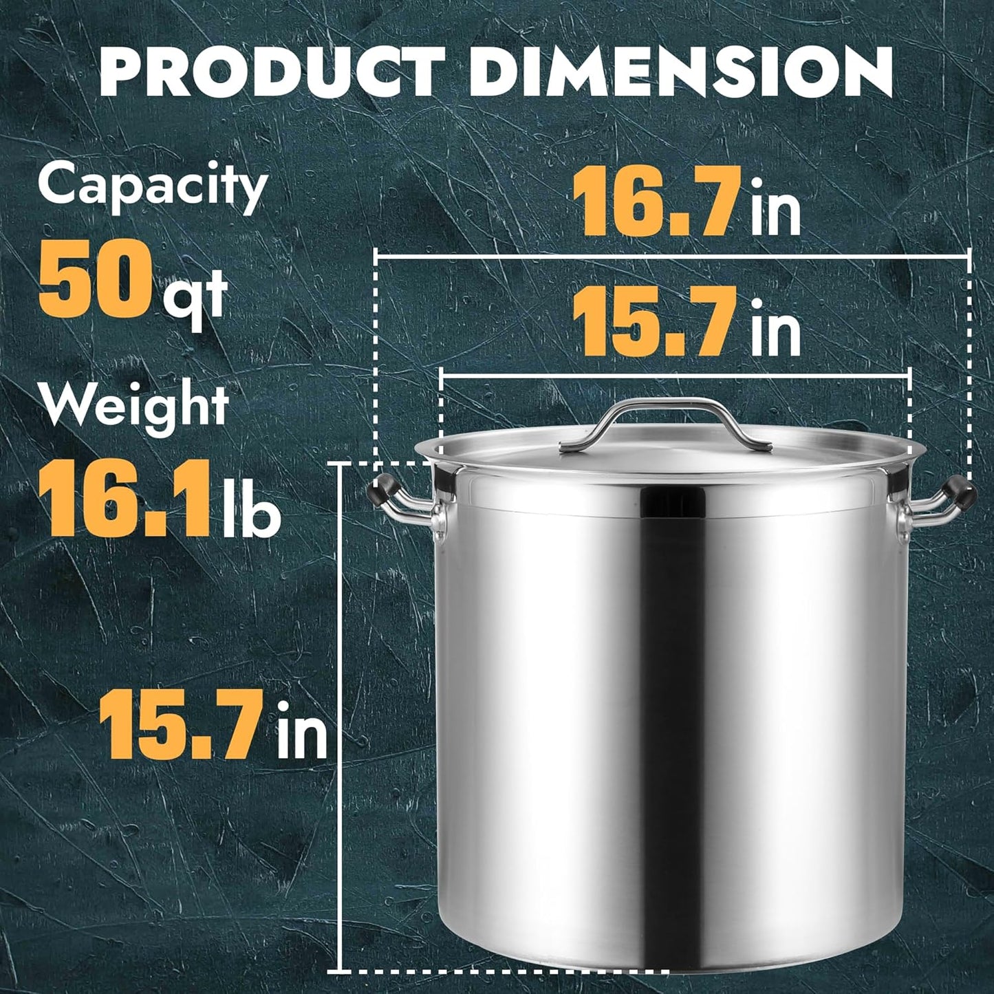 CURTA 50 Quart Large Stock Pot with Lid, NSF Listed, Induction Ready, 3-Ply Clad Base, 18/8 Stainless Steel Cooking Pot, Commercial Cookware for Soup, Stew & Sauce, Riveted Silicone Handle