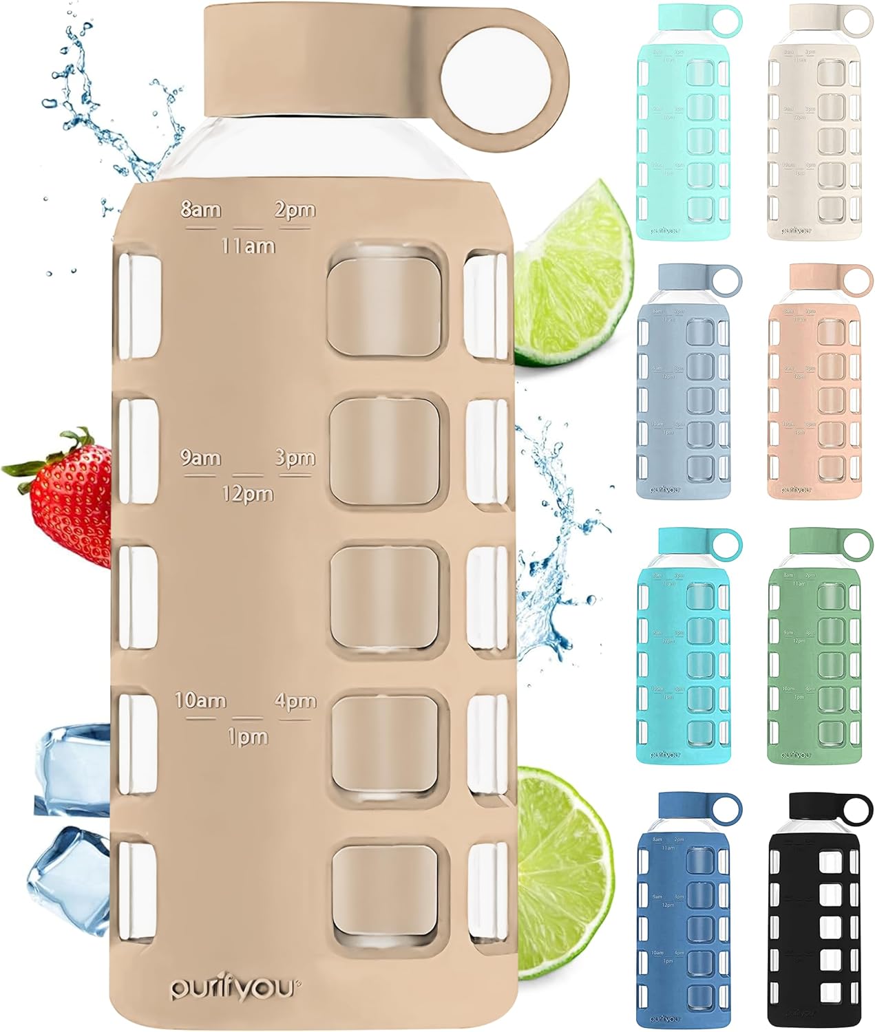 purifyou 40oz / 32oz / 22oz / 12oz Borosilicate Glass Water Bottle with Time & Volume Markers, Silicone Sleeve, Stainless Steel Lid – Reusable Glass Bottle for Water & Juice (22oz Iced Coffee)