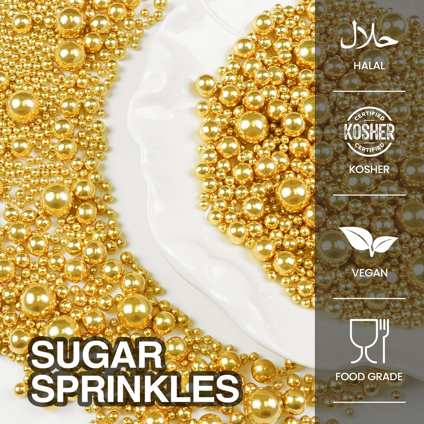 Gold Pearl Sprinkles for Cake Decorating, 150g/5.29oz, Mix Size, Edible Sugar Candy Pearls, Cake Decorations, Cupcake, Cookies, Ice cream Topper, Holiday, Wedding Party, Easter, Christmas Supplies