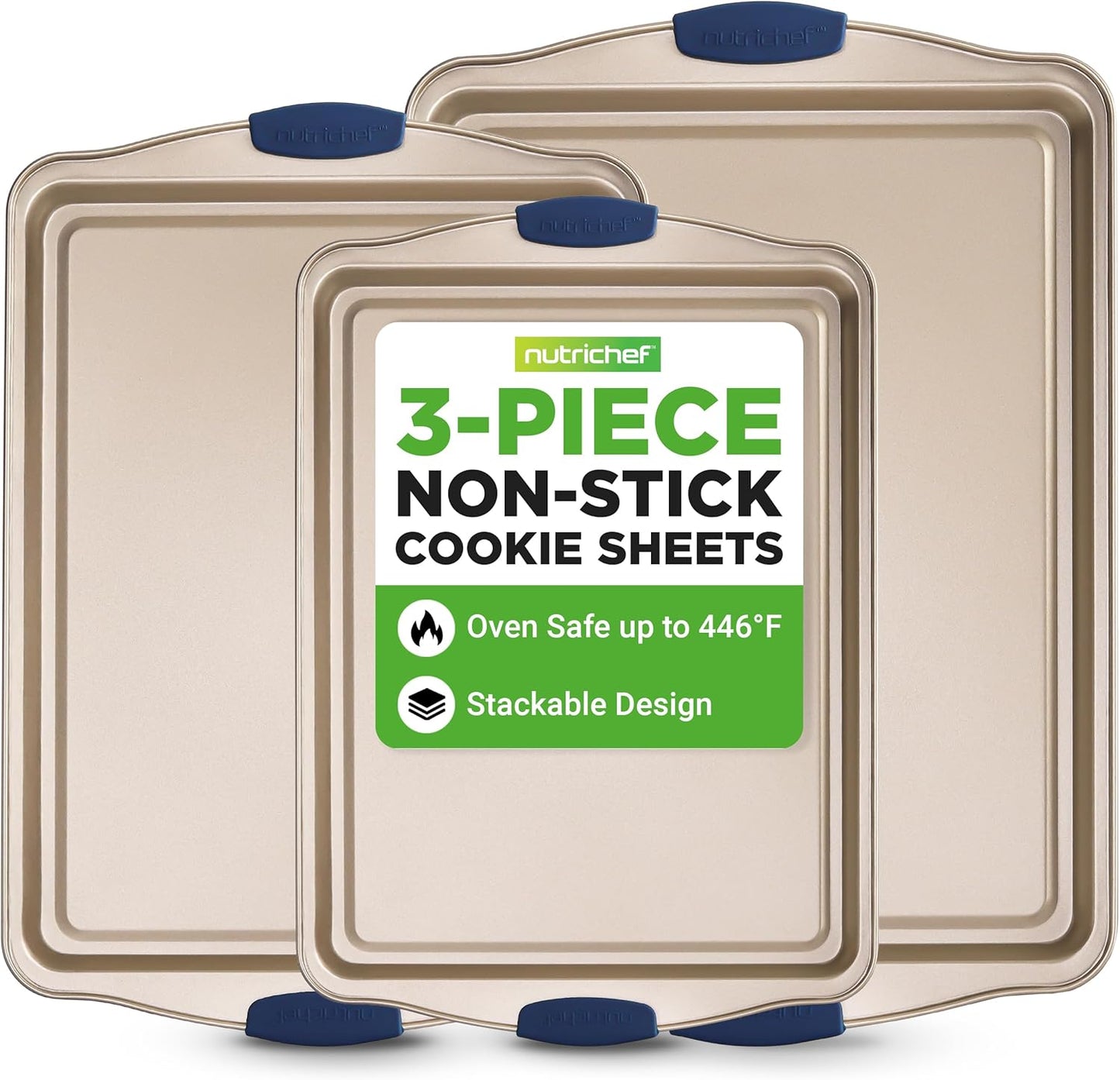 NutriChef 3-Piece Nonstick Bakeware Set - Premium Carbon Steel Oven Baking Trays w/Blue Silicone Handles - Small, Medium & Large Cookie Sheet Pans - PFOS, PFOA, PTFE-Free, Easy to Clean
