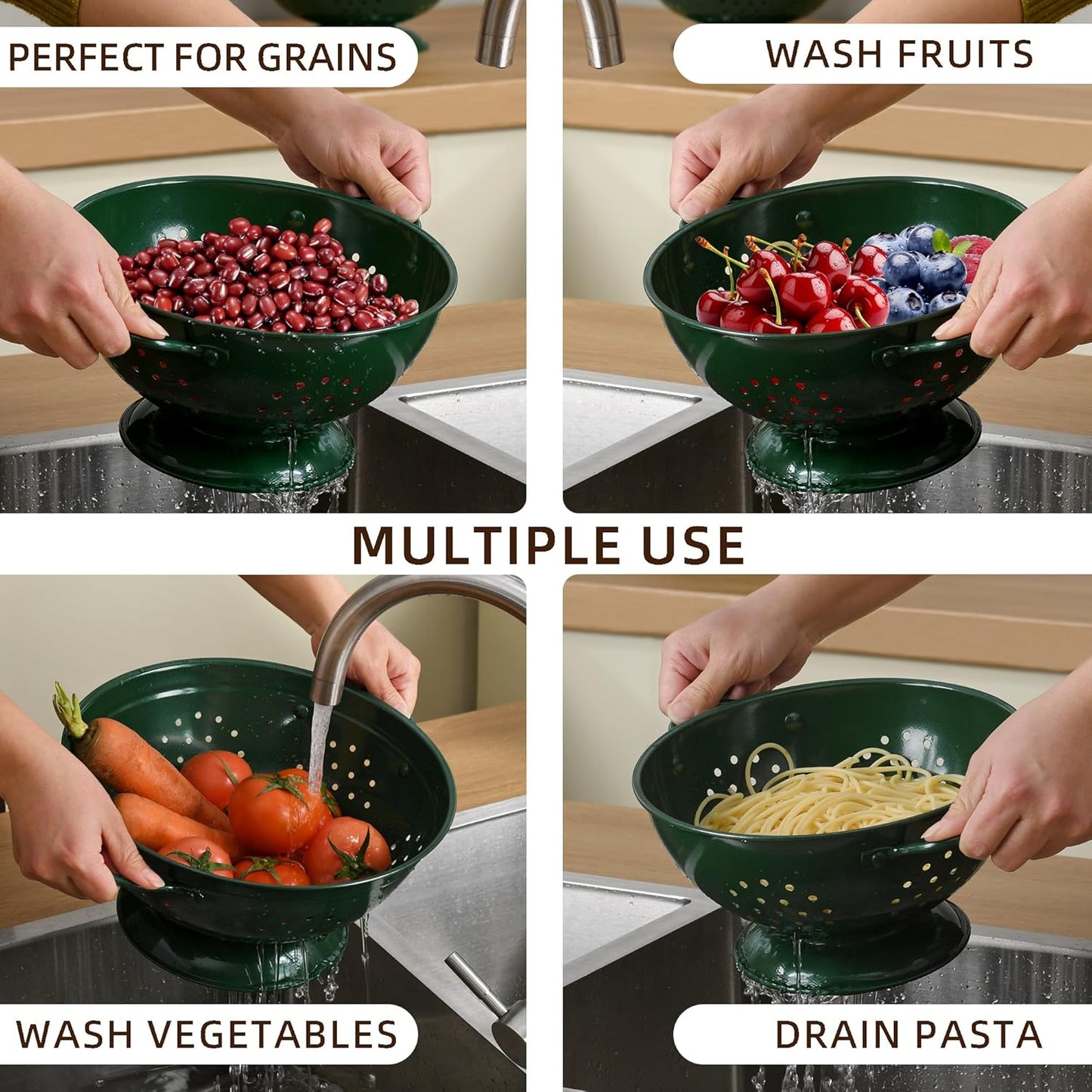 Metal Colander Set of 3, Strainer Basket with Handles perfect for Spaghetti, Pasta, Berry, Vegetable, Fruit, Solid Base Powder Coated Kitchen Essential Strainer Set, 1 & 3.5 & 5 Qt (Dark Green)