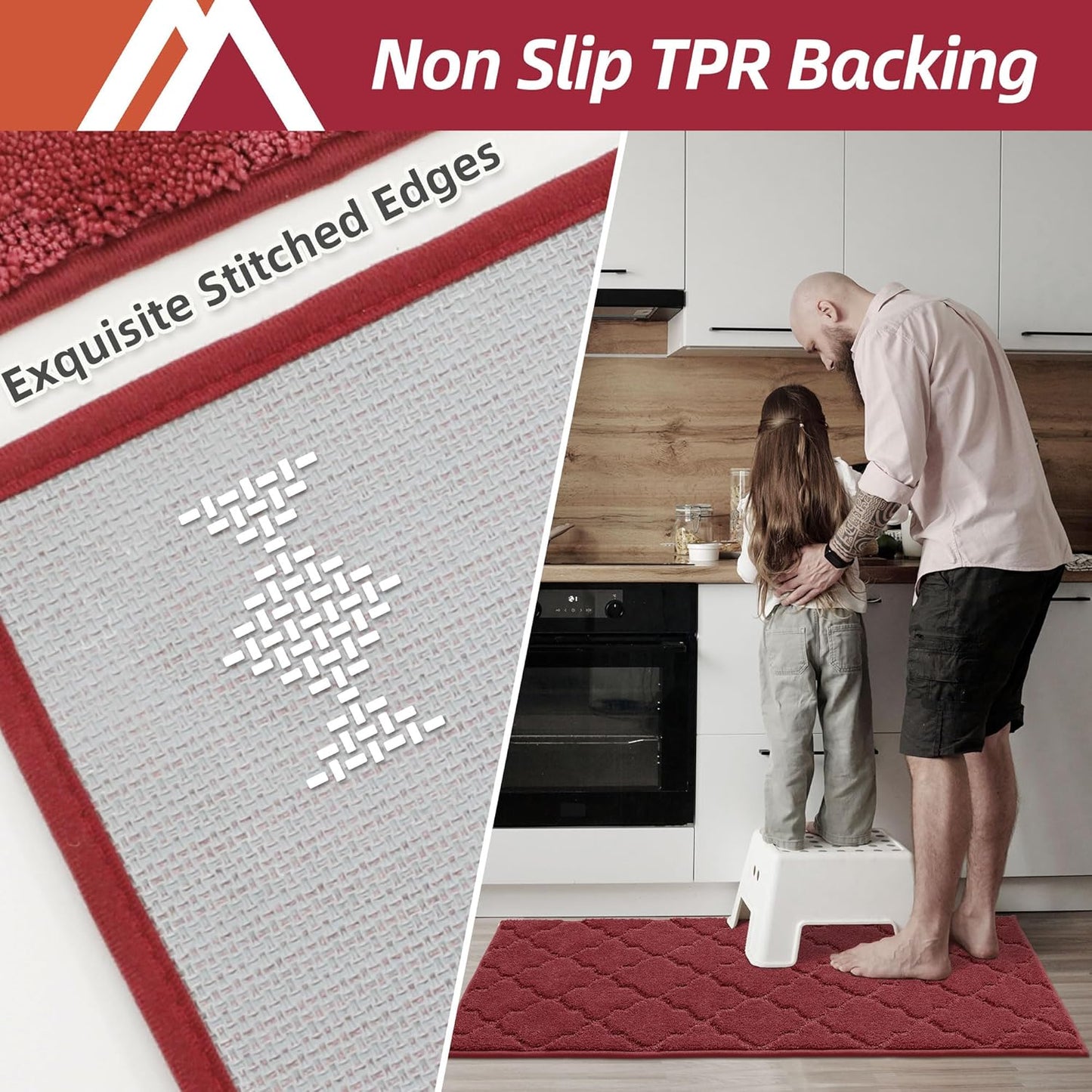 COSY HOMEER-Kitchen-Rugs 20"x48" Non-Slip Absorbent Soft Kitchen Runner Rug Polyester Kitchen Mats for Floor Washable Kitchens Standing Floor Mat for Sink Mat,Hallway,Laundry,Red