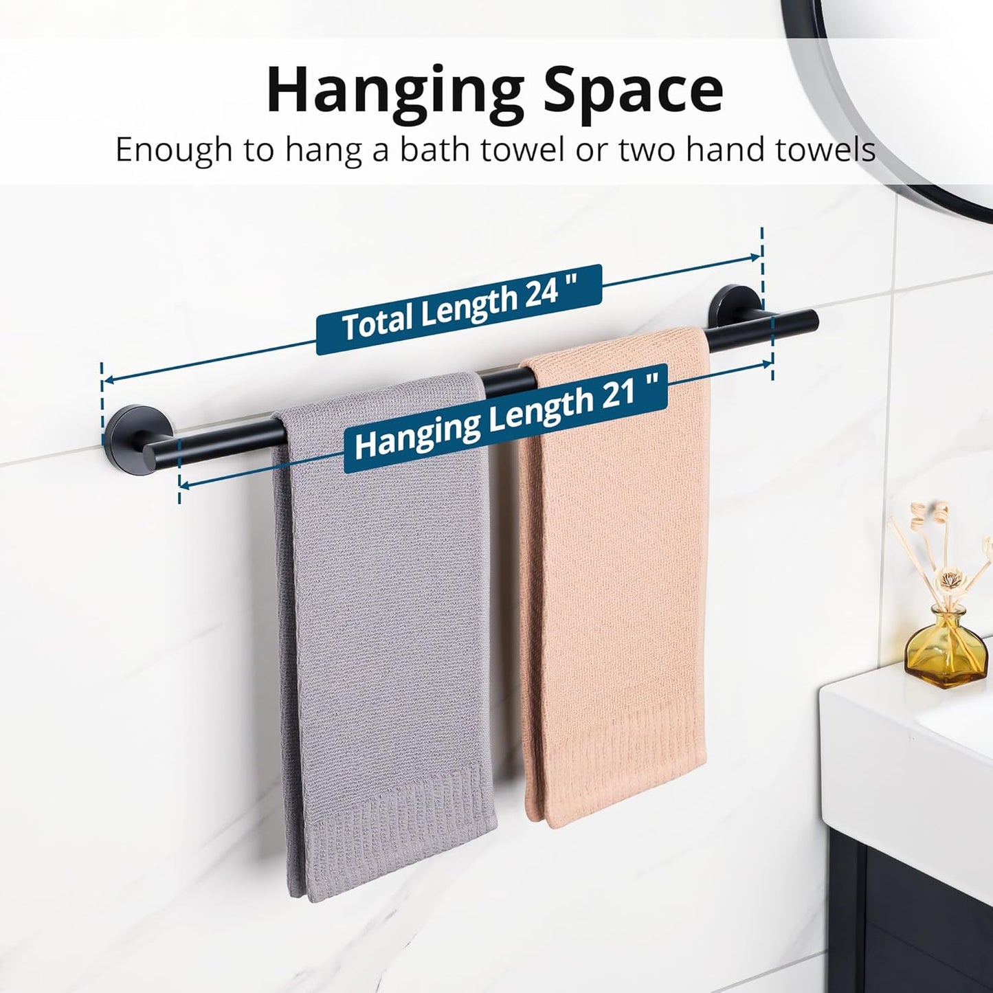 SAYAYO Black Towel Rack for Bathroom, 24 Inch Towel Bar Towel Rod Towel Holder Wall Mount SUS304 Stainless Steel (21 Inch Hanging Length)