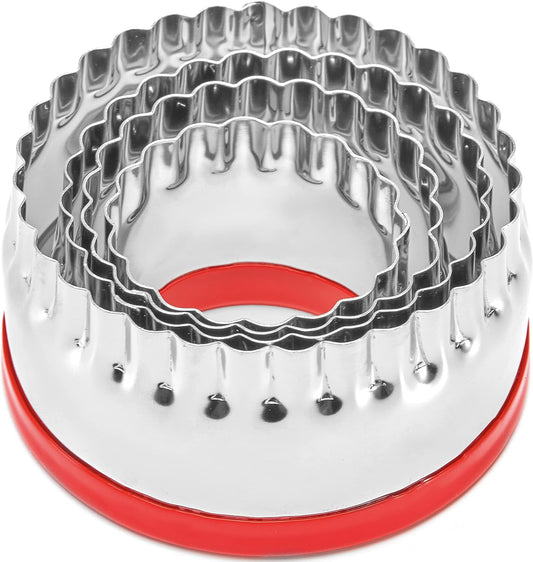 4-Pieces Fluted Round Cookie Cutters, Metal Circle Biscuit Cutters Set, Wave Cookies Cutter with Fluted Edge, Unique Design with Protective Red Top PVC