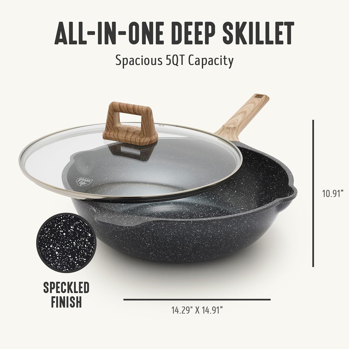 GreenLife Nonstick 12” (5QT) All in One Deep Skillet Wok with Lid, PFAS-Free Non-Toxic Ceramic Multi-Purpose Pan, Induction, All Stovetop, Egg, Stir Fry, Saute, Stay Cool Handle, Granite Black