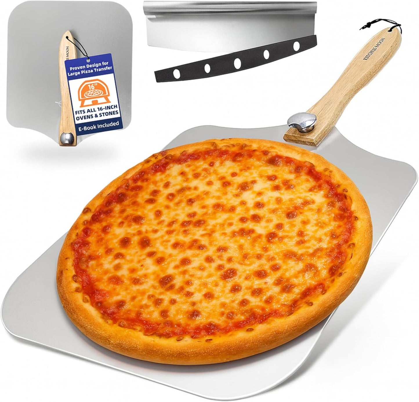 Large Pizza Peel 16 inch - Extra Large Metal Pizza Peel with 14 inch Stainless Steel Pizza Cutter Rocker, Pizza Paddle with Folding Handle (13"x16" with 14" Cutter)