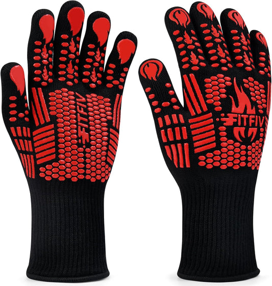 BBQ Gloves, Oven Gloves, 1472°F Extreme Heat Resistant Barbecue Gloves, Silicone Non-Slip Oven Mitts, Kitchen for Cooking, Grilling, and Baking (Red)