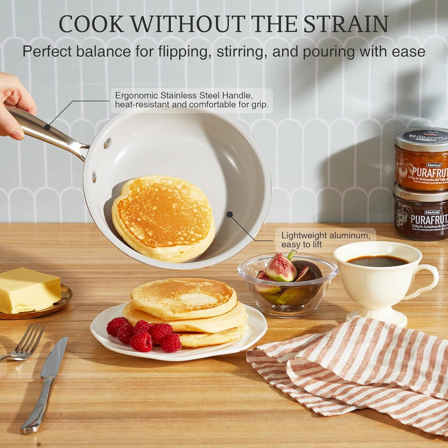 KITEXPERT Non Stick Frying Pans Set, Titanium Ceramic Pan Skillet Set Non Toxic, 8" 9.5" 11" Nonstick Frying Pan, Stainless Steel Handle, Dishwasher & Oven Safe, PFAS & PTFE & PFOA Free, Cream