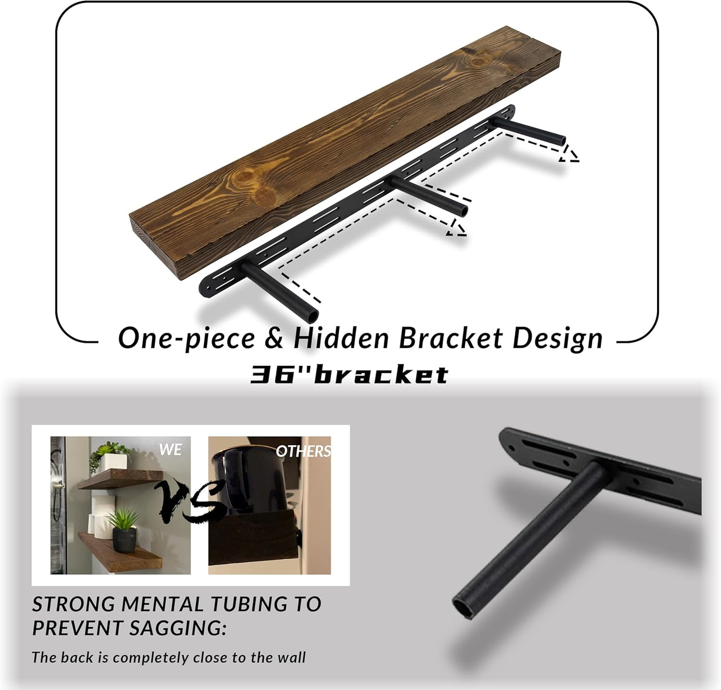 Distressed Floating Shelves 36 inch Long Set of 2,8 inch deep Solid Wood Wall Mounted Shelves for Living Room Kitchen,Book Shelf for Wall with Hidden Bracket- Distressed Black Walnut