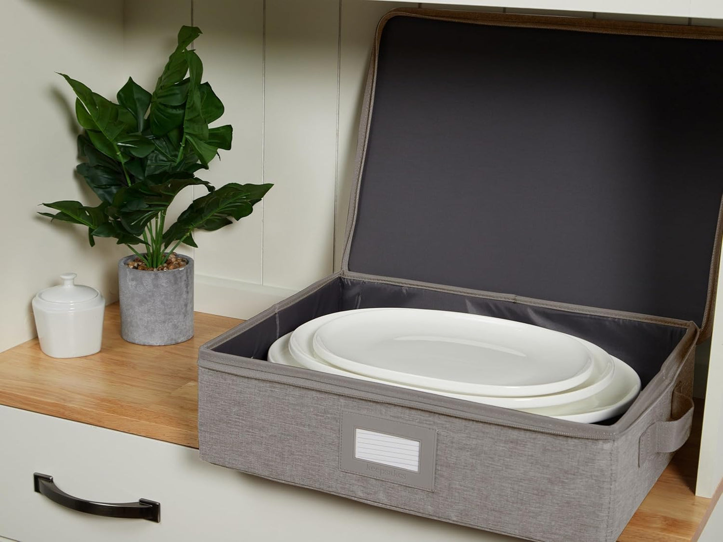 Covermates Keepsakes Dish Storage Box - Stackable, Reinforced Handles, China Storage, Grey Heather