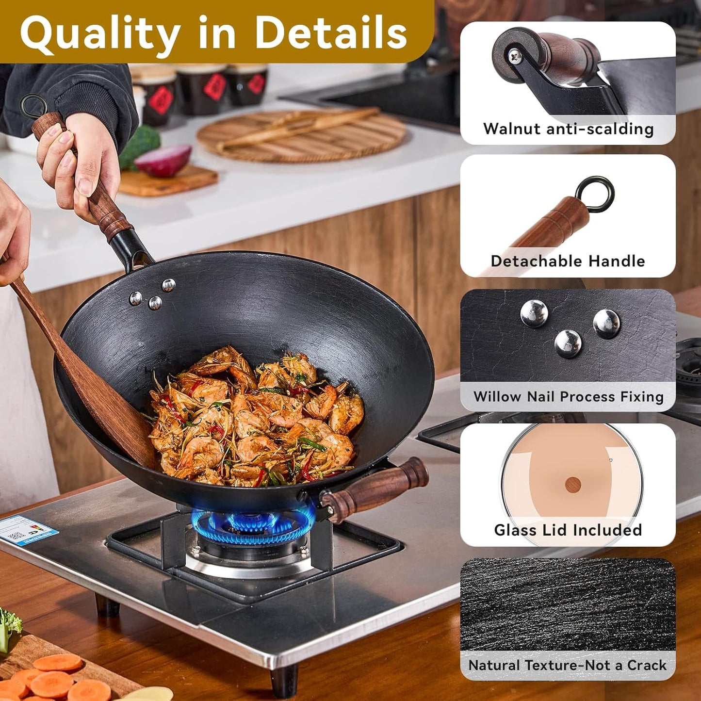 WANGYUANJI 13.4 Inch Cast Iron Wok with Glass Lid – Traditional Flat Bottom Chinese Wok, Heavy Duty Non-Coated Pan for Gas, Induction & Electric Stovetops, Black