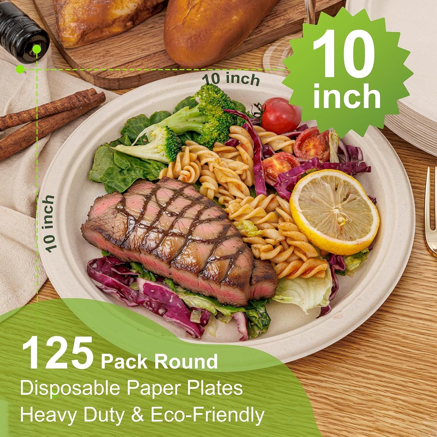 WELLIFE 100% Compostable Paper Plates 10 Inch, 125-Pack Heavy Duty Paper Plates Bulk,Biodegradable Bagasse,Eco-Friendly Disposable Dinner Plate for BBQ,Picnic,Party (BPI Certified,Microwaveable)