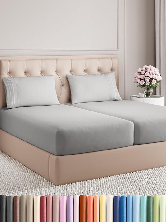 Split King Size 5 Piece Sheet Set - Comfy Breathable & Cooling Bed Sheets Set - Hotel Luxury Bedding for Women, Men, Kids, Teens, Boys & Girls - Deep Pockets and Wrinkle Free - Oeko-Tex - French Grey