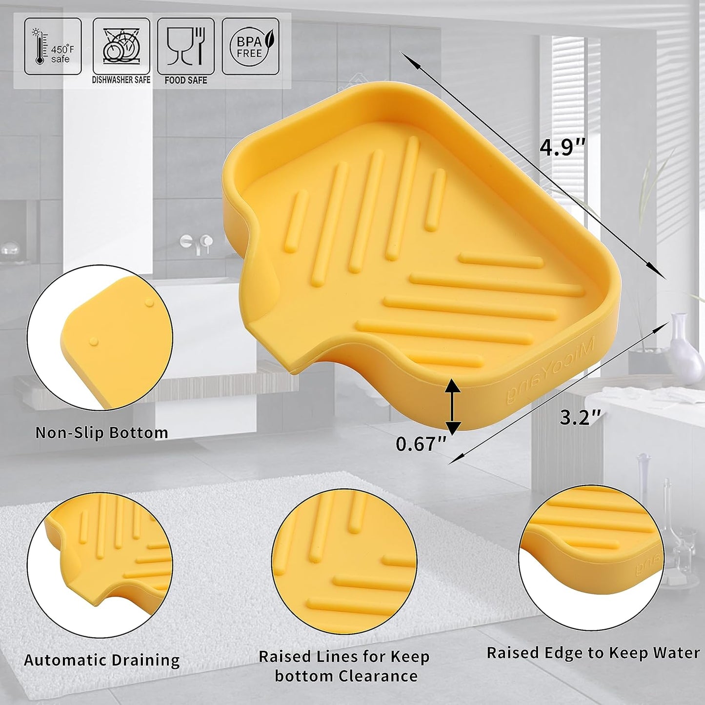 Silicone Bathroom Soap Dishes with Drain Spout-Bathroom and Kitchen Sink Organizer,Sponge Holder,Dish Soap Tray,Perfect for Dispenser,Scrubber,Bottle,Cup on Sink or Counter-Yellow 4.9"×3.2"