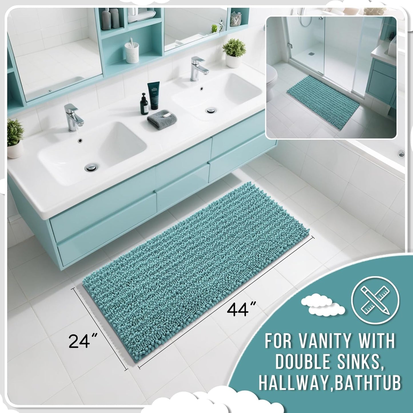 Yimobra Long Bathroom Rugs Non Slip Washable 44x24 Inch - Ultra Soft Absorbent Chenille Bath Mat, Quick Dry Shaggy Floor Carpet for Tub Shower, Teal Blue Home Decor Accessories