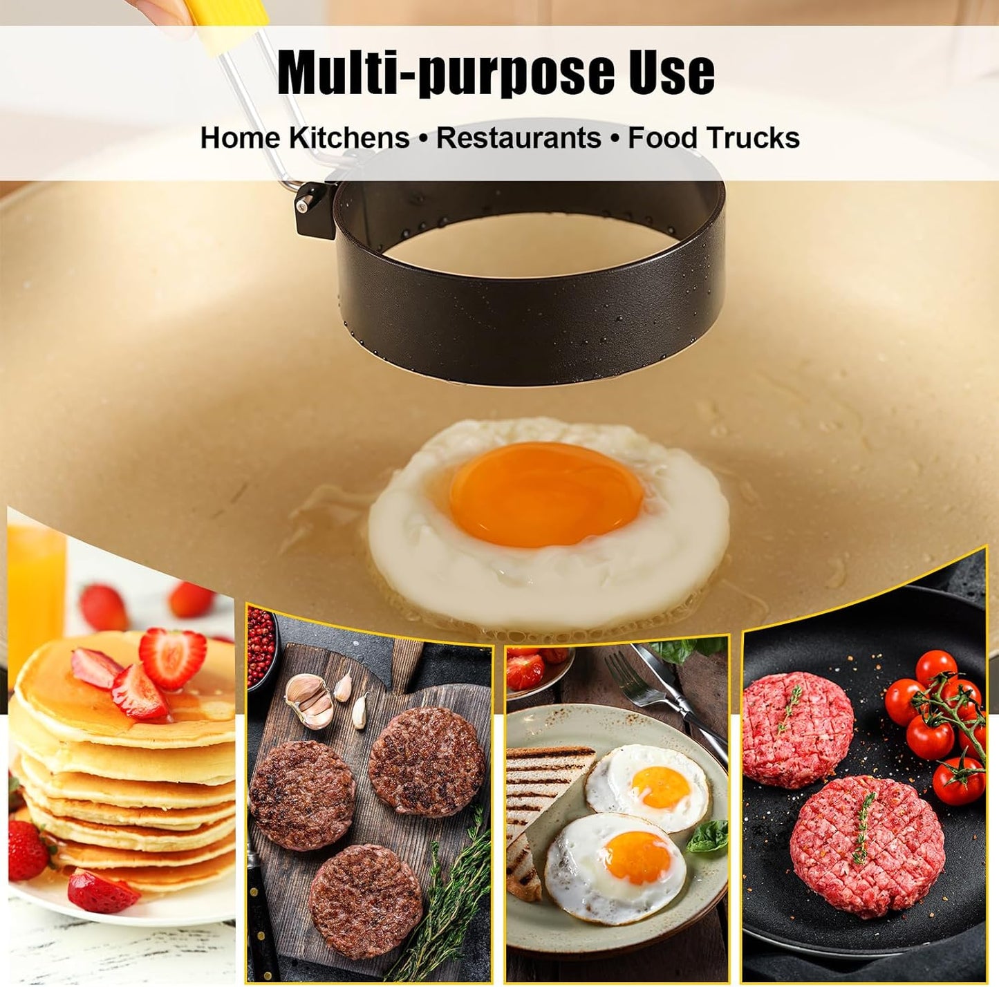 4 Pack Fried Egg Molds Round Stainless Steel Fried Egg Ring with Silicone Handle Perfect for Making Breakfast Sandwiches, Burgers, Pancakes Suitable for Home or Breakfast Carts (3 inch）