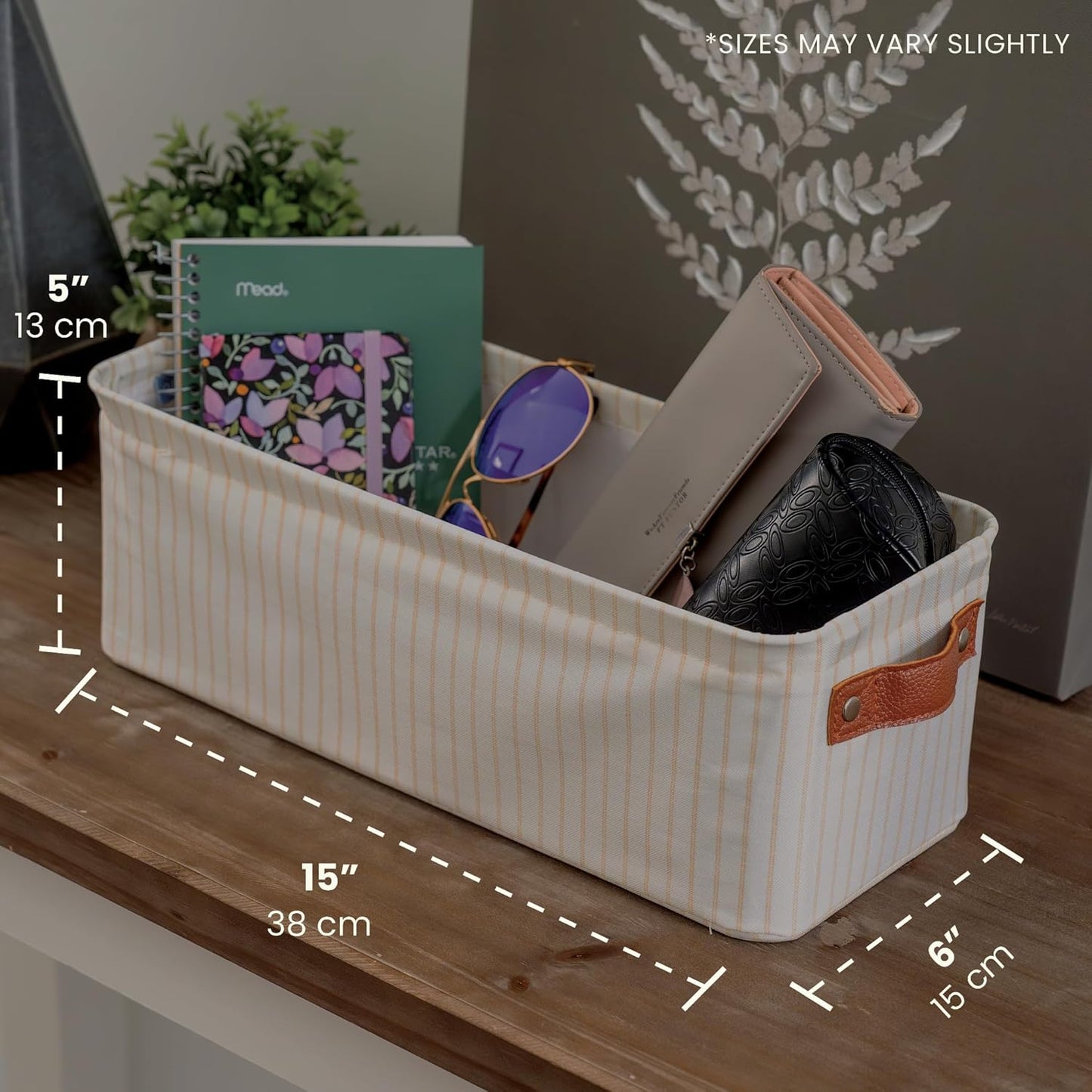 OrganiHaus Narrow Storage Bins 15x06in, Small Closet Bins for Shelves, Bathroom Storage Baskets, Narrow Baskets, Fabric Organizer with Handles, Toilet Paper Organizer - 2 Pack, White w/ Brown Stripes