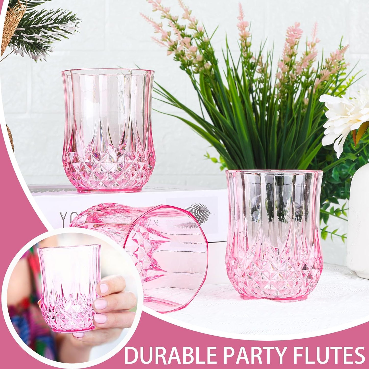 12 PCS Pink Stemless Wine Glasses，Colored Plastic Reusable Cups 9OZ Vintage Drinking Glasses Tumblers for Whisky, Beer, Juice, Beverages, Cocktai