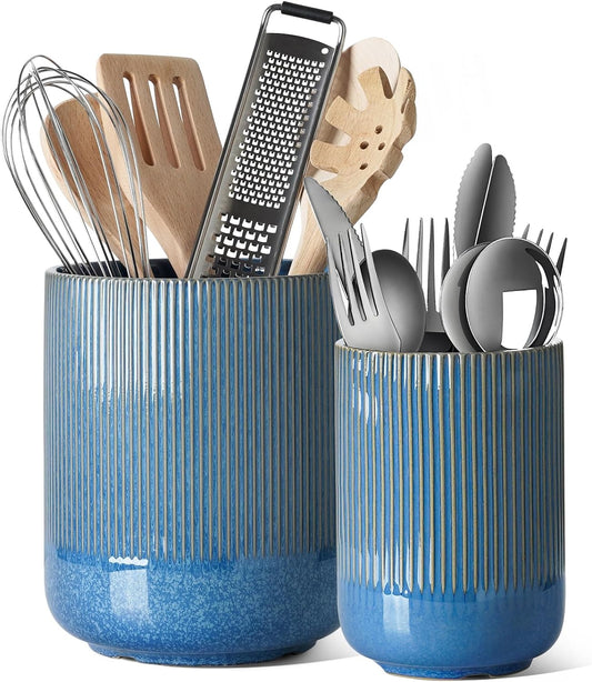LE TAUCI Utensil Holder, 7.3"+5.4" Ceramic Kitchen Utensil Holder for Countertop, Large Cooking Utensil Crocks Gift for Mother's Day, Costal Ocean Home Kitchen Decor, Set of 2,Glaze Marble Blue