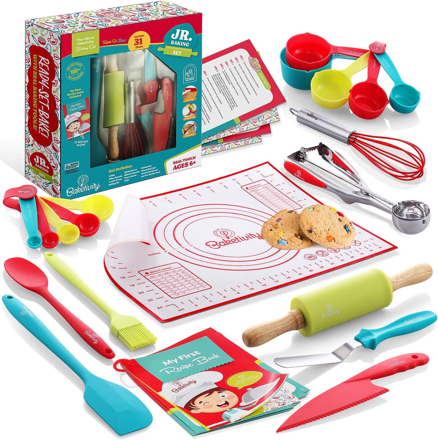 Baketivity 31-Piece Kids Baking Tools Set – Real Cooking Utensils for Children – Safe, Durable, and Fun Kitchen Accessories – Gift for Young Chefs