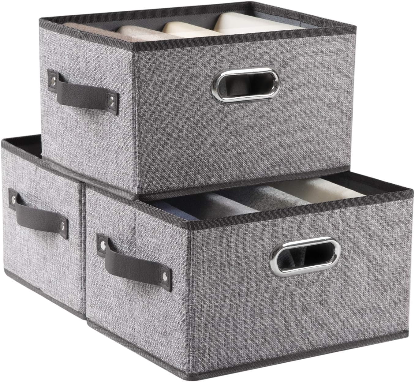 PRANDOM Fodable Storage Bins for Closet [3-Pack] Decorative Fabric Storage Baskets Cubes with Leather/Metal Handles for Shelves Bedroom Living Room Grey (11.5x8.5x6.7 Inch)