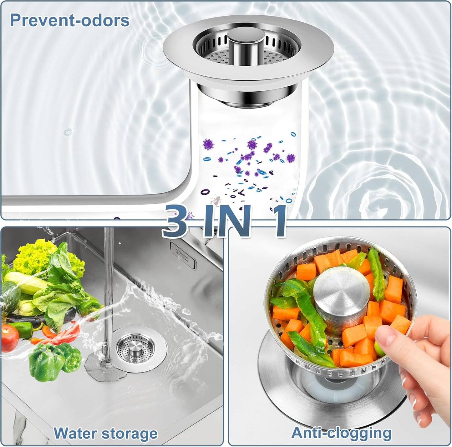 3 in 1 Kitchen Sink Drain Strainer ，304 Stainless Steel Kitchen Sink Stopper and Basket,Long-Term Water Storage，Bass Bounce Core，General，Filter for Standard 3-1/2 inch Drain